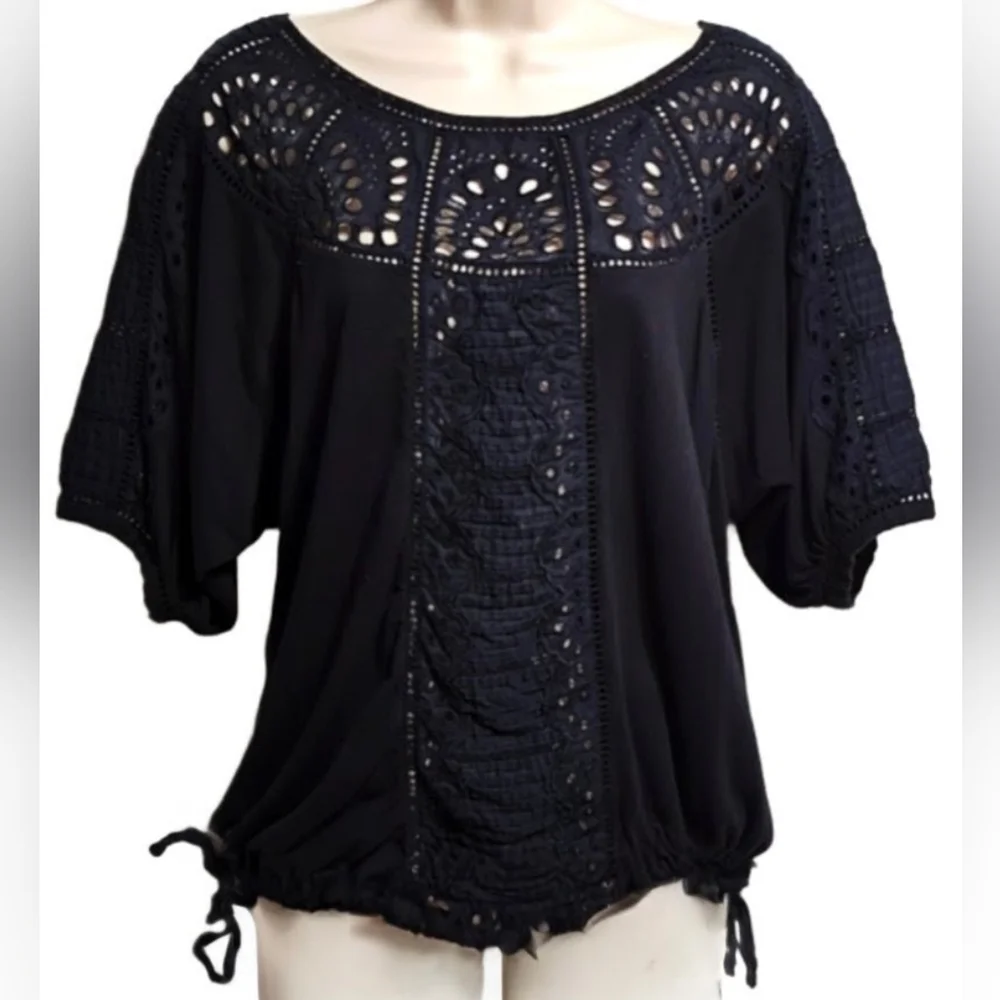 Anthropologie Vanessa Virginia Black Eyelet Lace Cinch Waist Top M